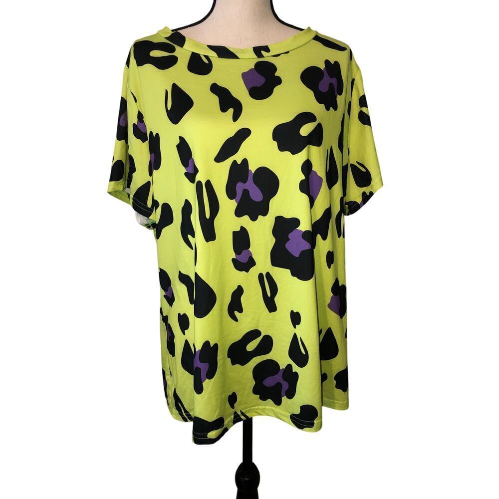 Leopard Print Top Size 3XL Bright Green Black Purple Short Sleeve Dopamine